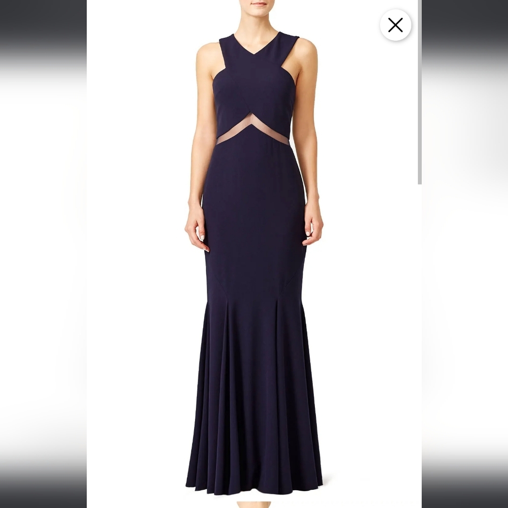 Mignon Navy Chevron Mesh Cutout Gown SZ 10